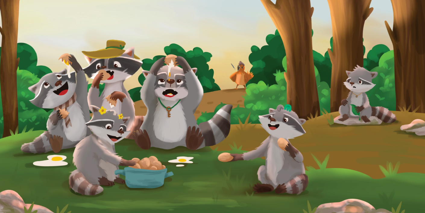 Interior picture-book illustration from Raccoon Reunion, illustrated by Pei Jen